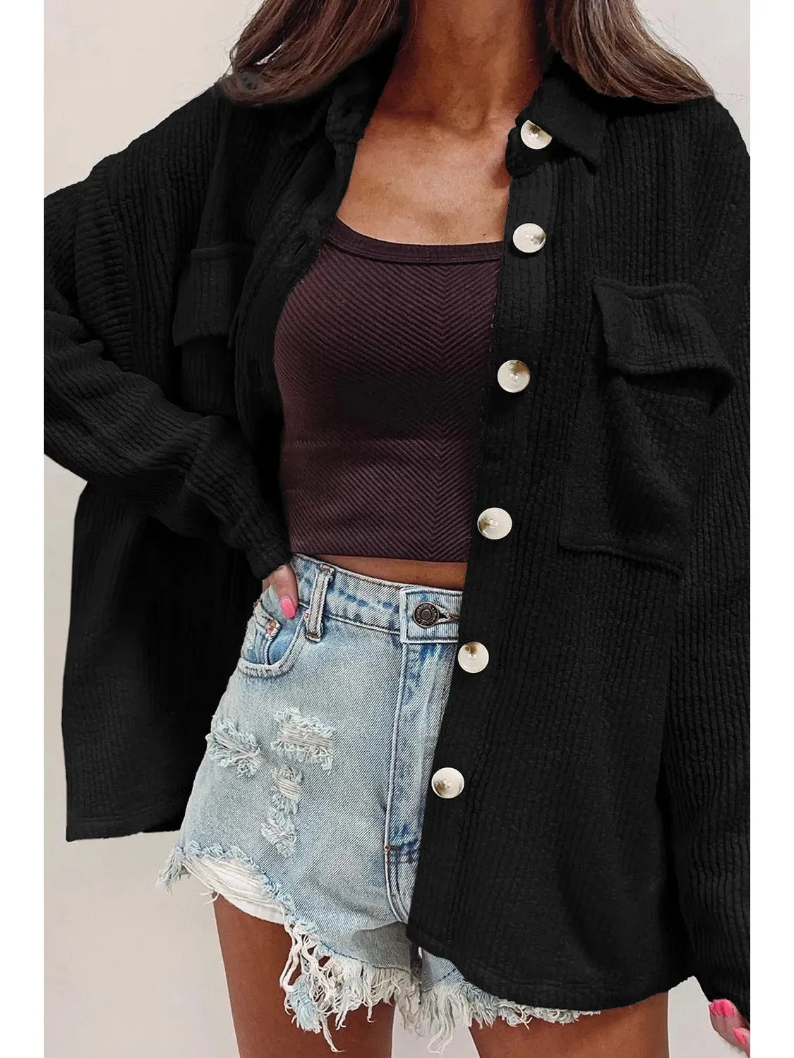 NicholesGifts Women Button Up Long Sleeve Shacket
