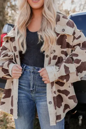 NicholesGifts Women Cow Print Button Up Corduroy Shacket