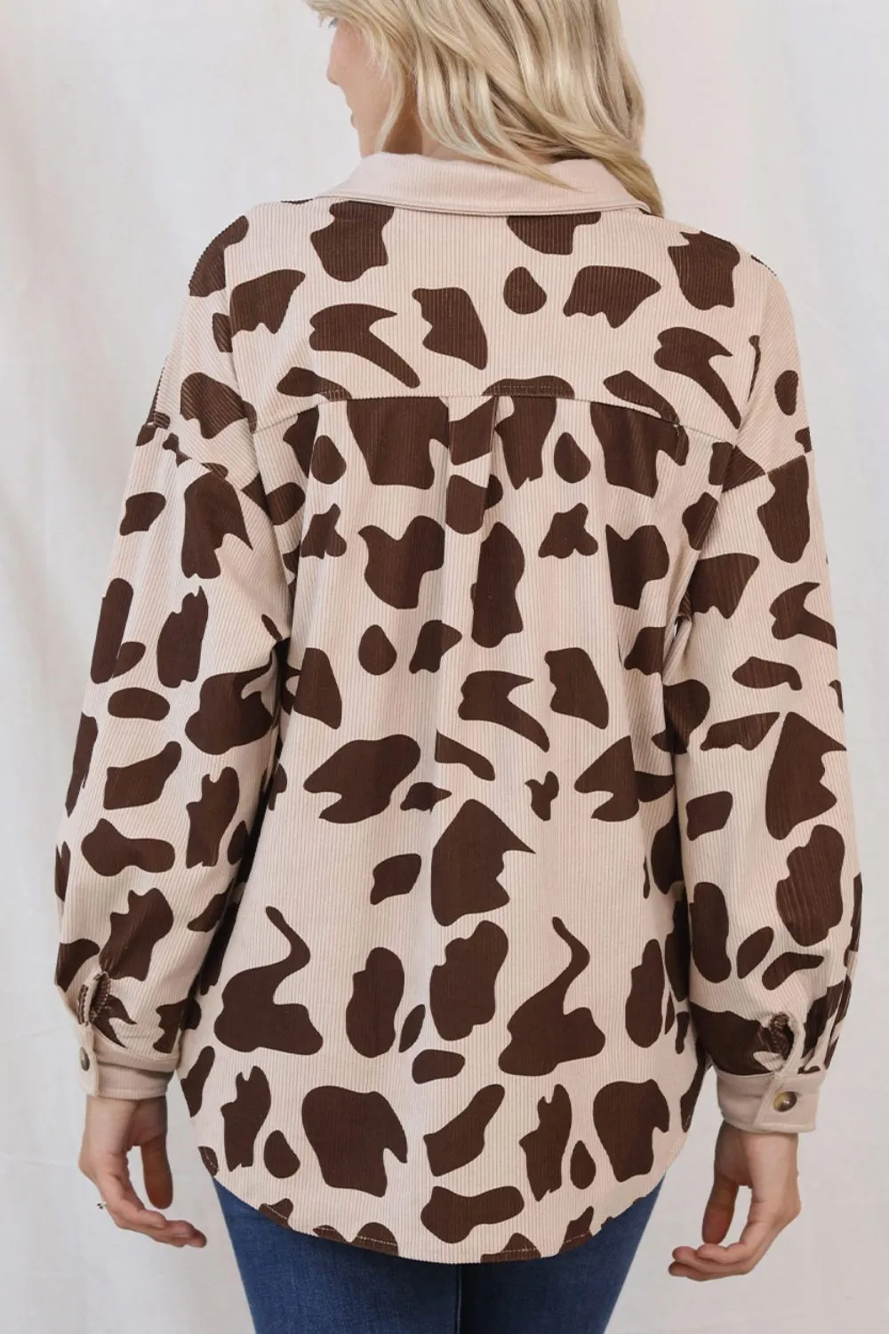 NicholesGifts Women Cow Print Button Up Corduroy Shacket
