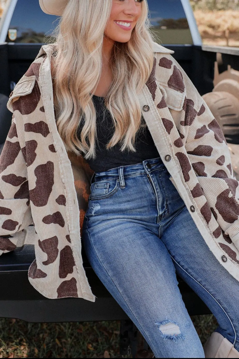 NicholesGifts Women Cow Print Button Up Corduroy Shacket