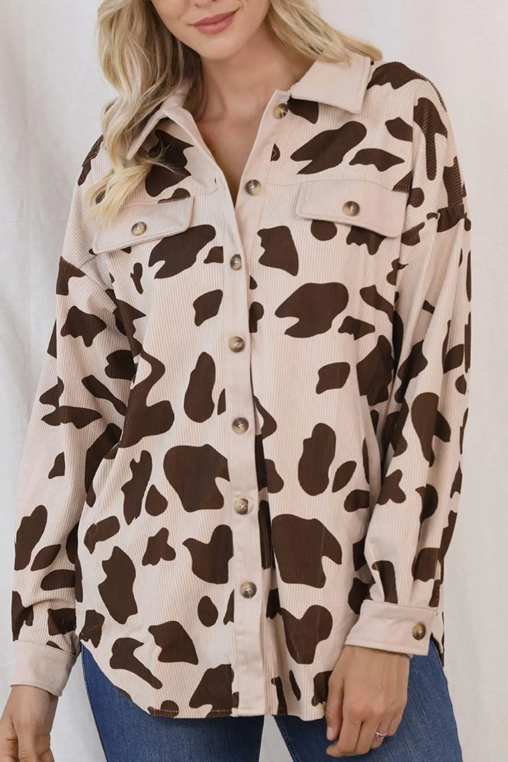NicholesGifts Women Cow Print Button Up Corduroy Shacket