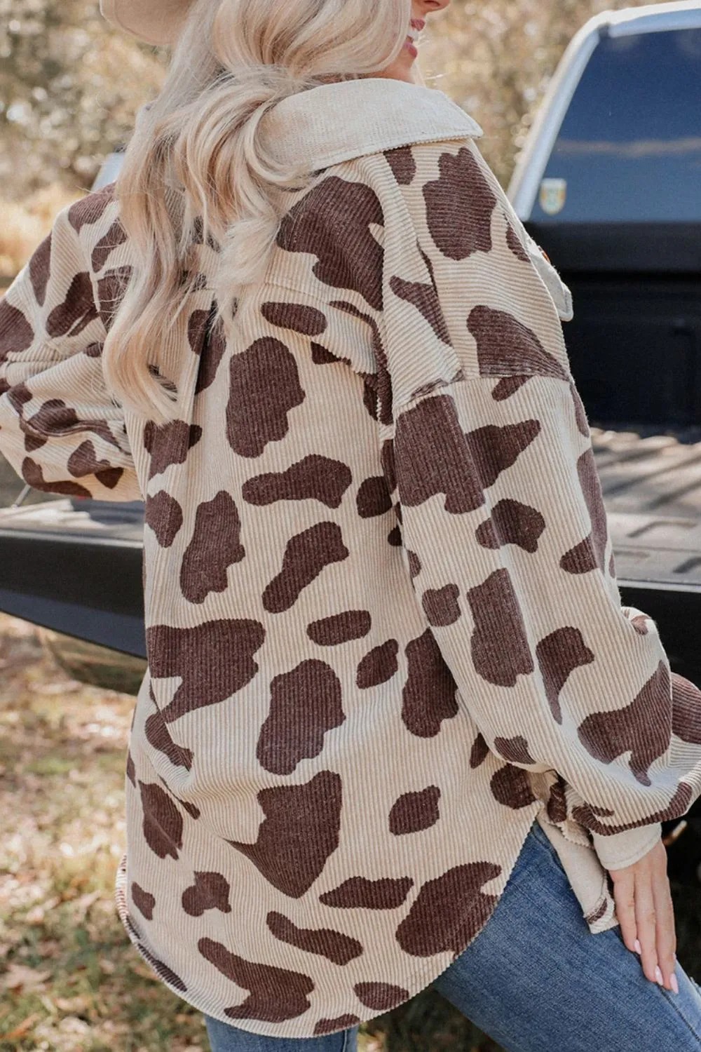 NicholesGifts Women Cow Print Button Up Corduroy Shacket