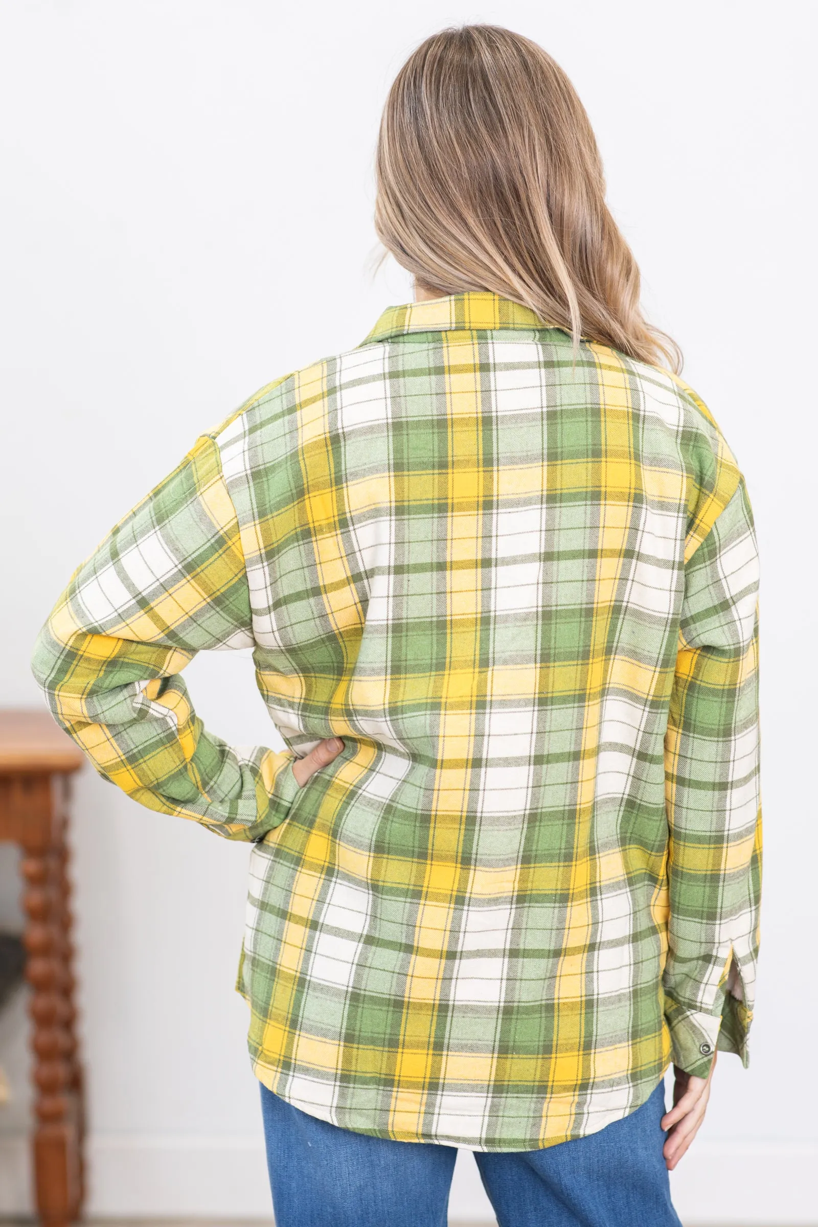 Olive and Mustard Plaid Faux Fur Lined Shacket