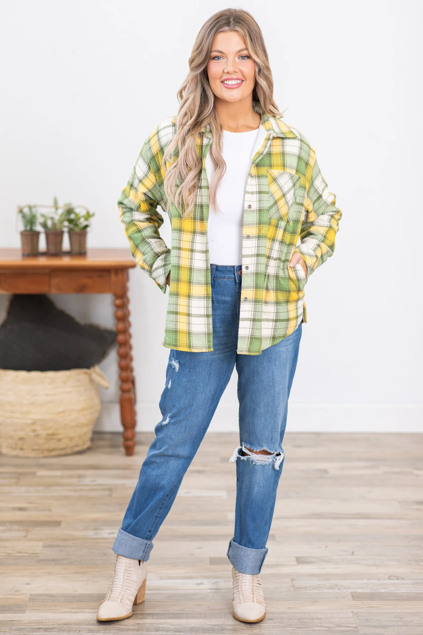 Olive and Mustard Plaid Faux Fur Lined Shacket