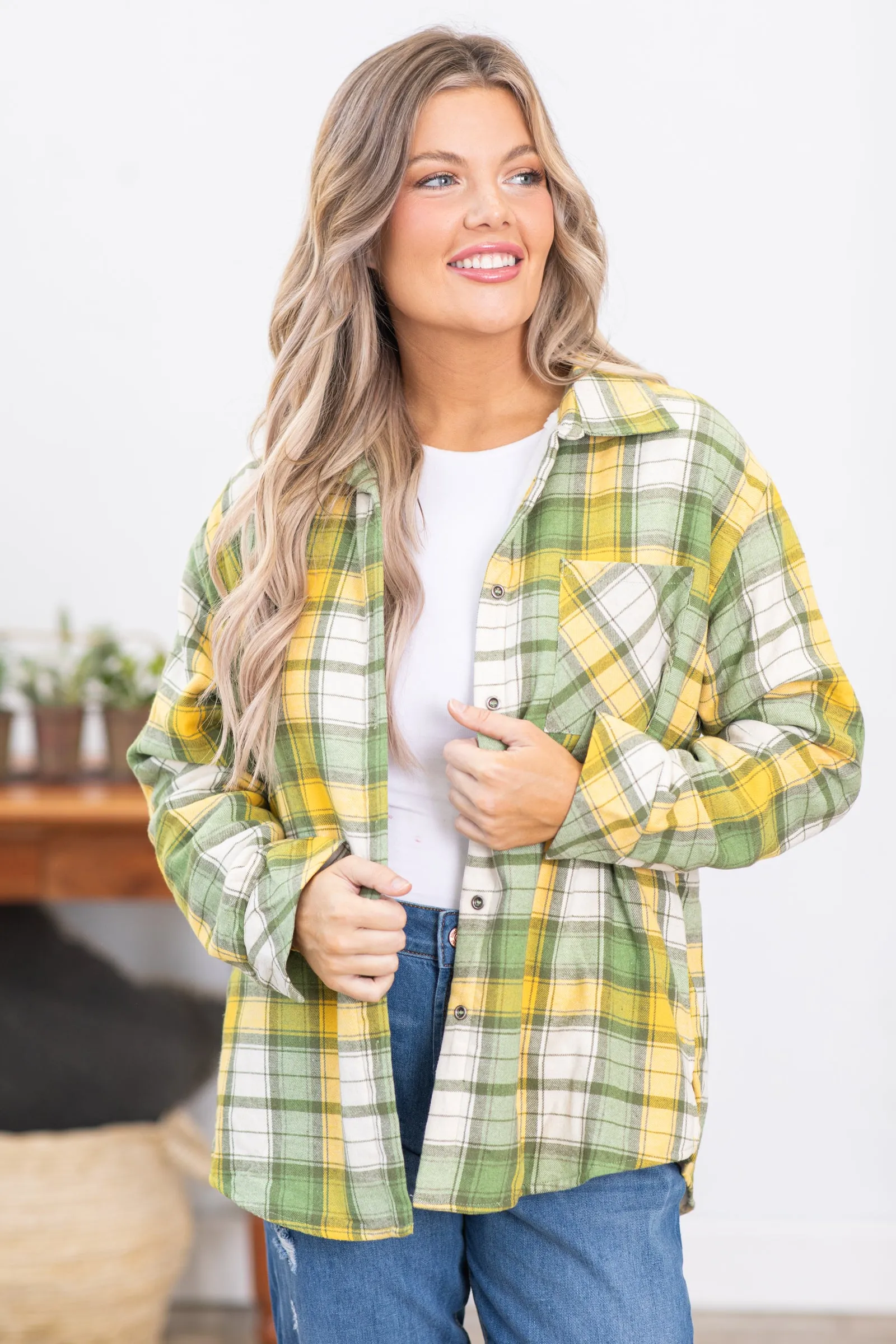 Olive and Mustard Plaid Faux Fur Lined Shacket