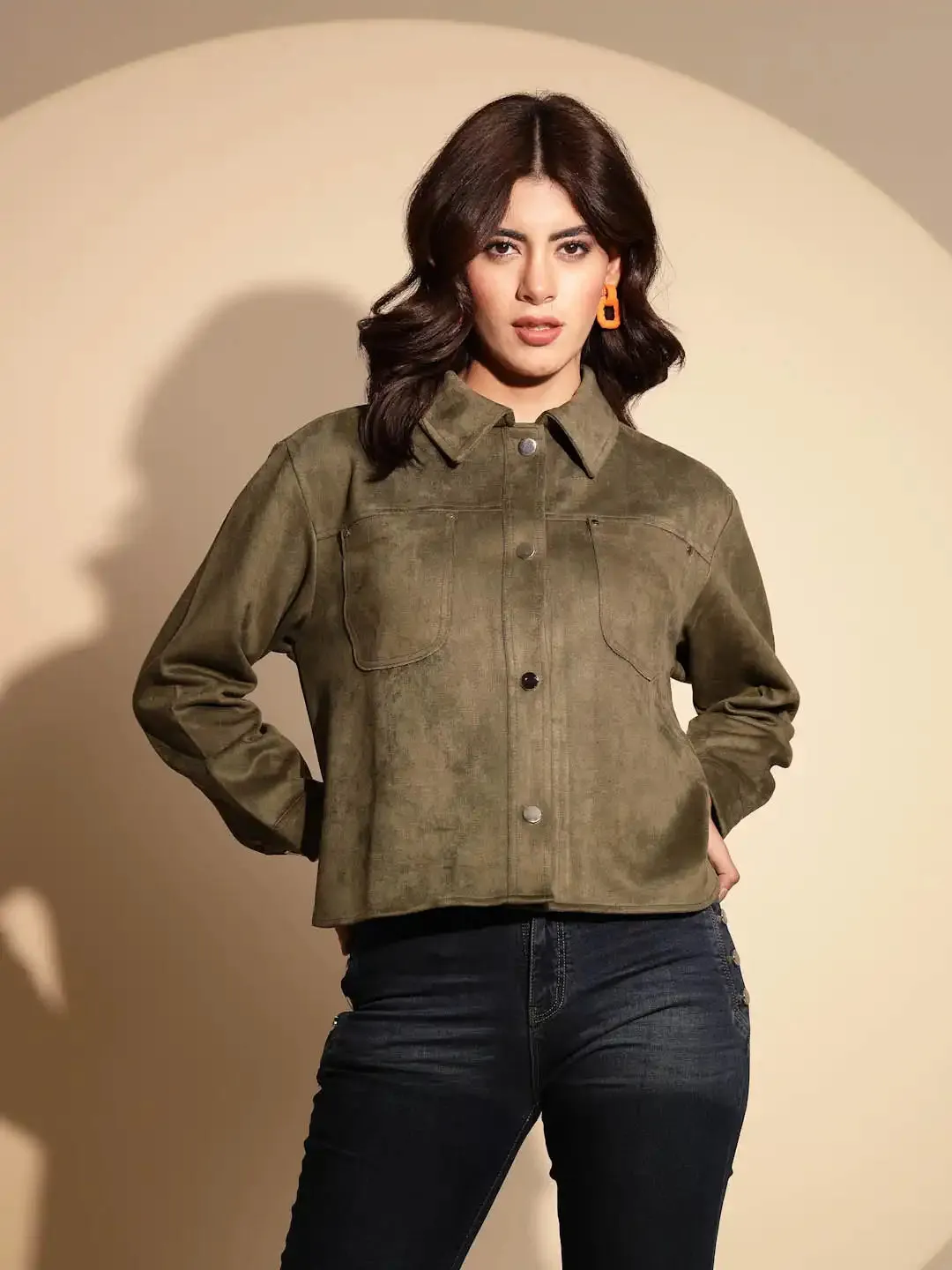 Olive Green Solid Full Sleeve Collared Neck Suede Shacket