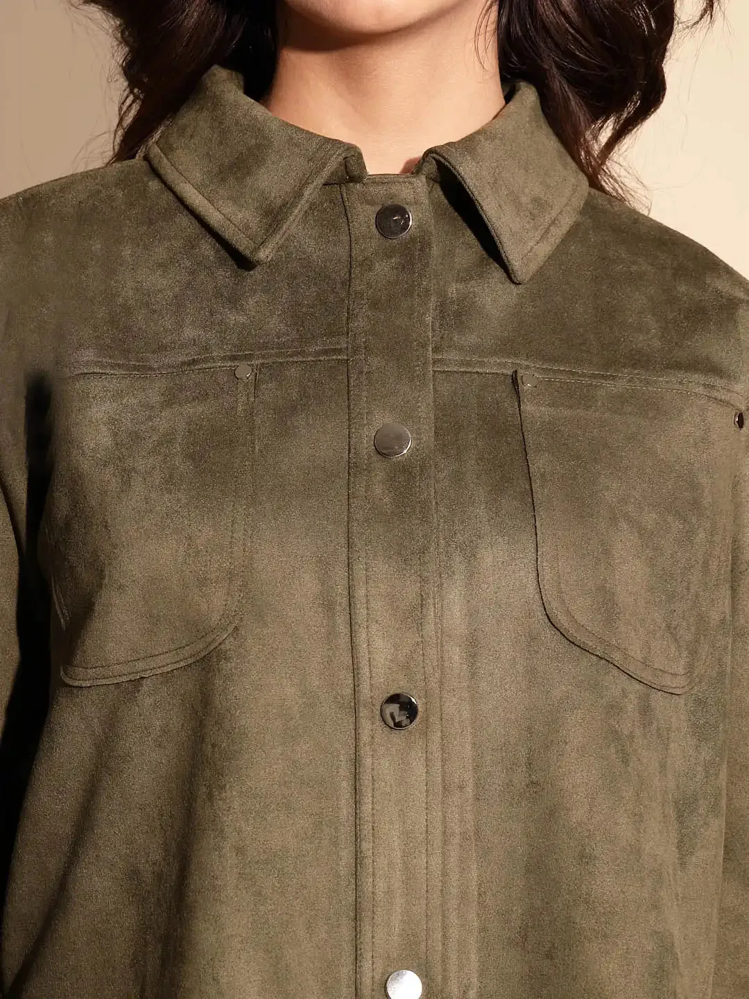 Olive Green Solid Full Sleeve Collared Neck Suede Shacket