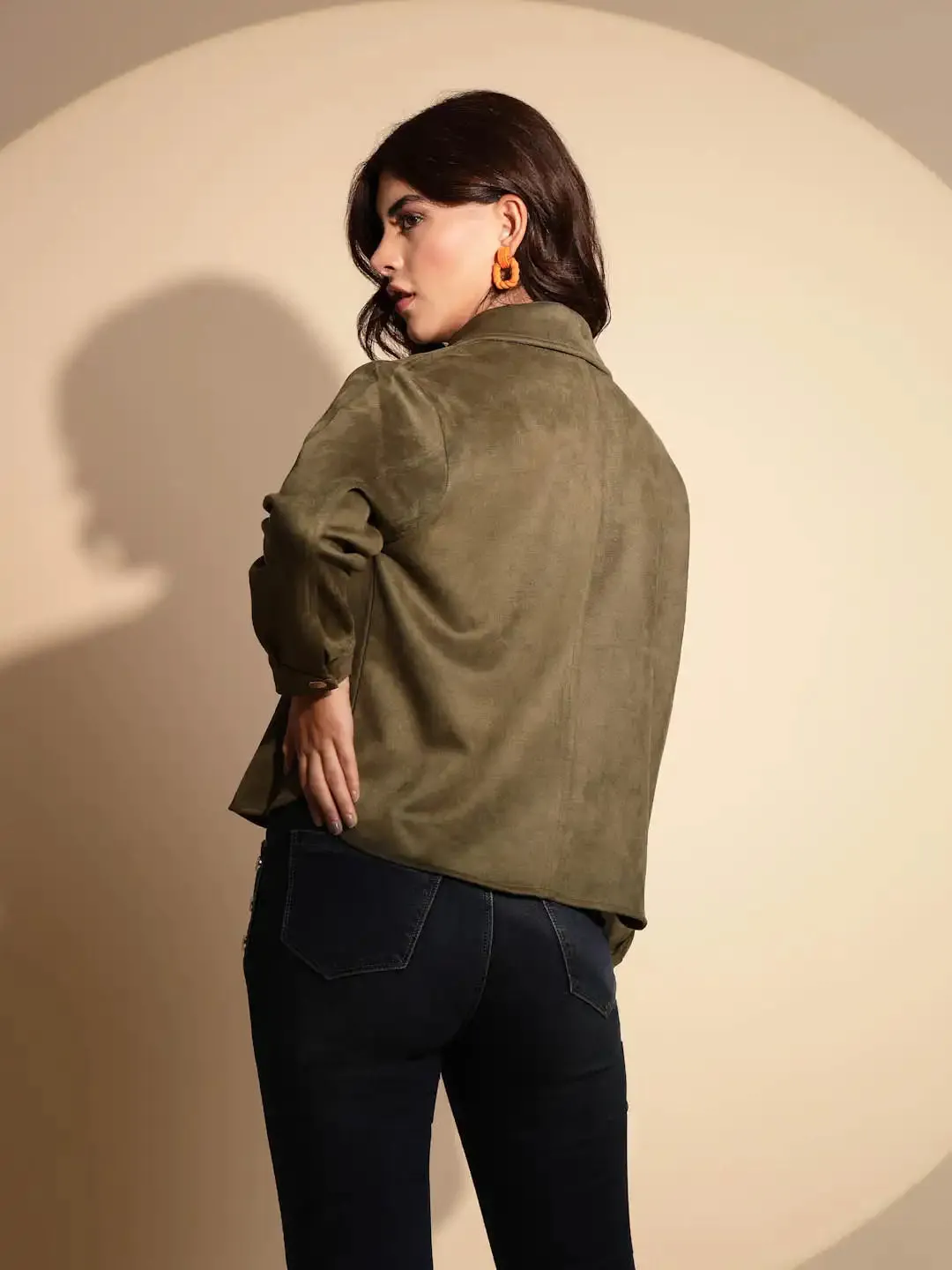 Olive Green Solid Full Sleeve Collared Neck Suede Shacket