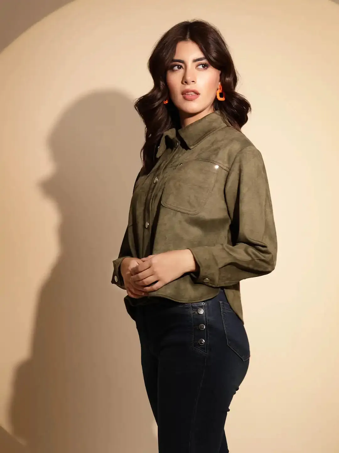 Olive Green Solid Full Sleeve Collared Neck Suede Shacket
