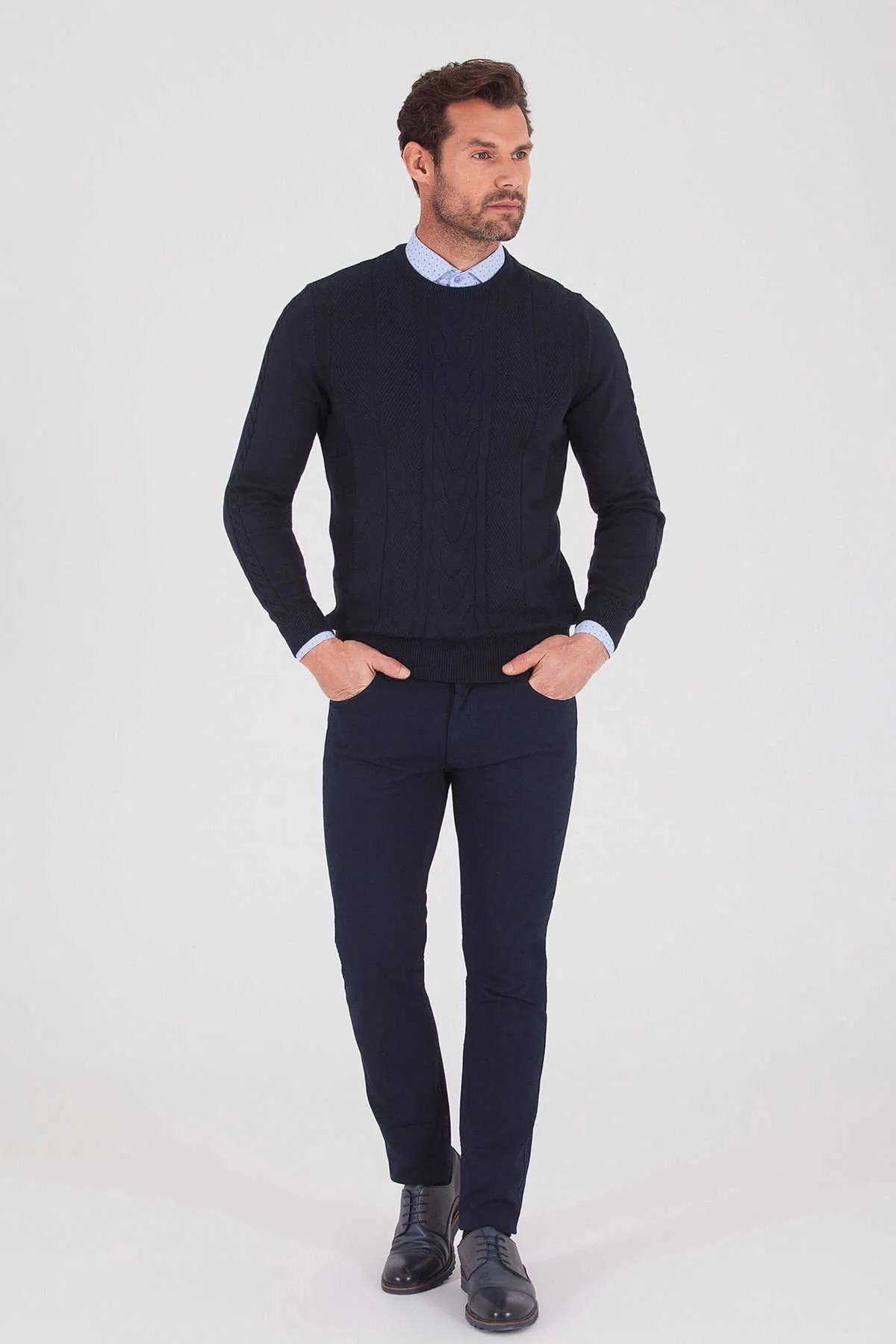 Regular Fit Plain Cotton Blend Grey Crewneck Sweater, Navy