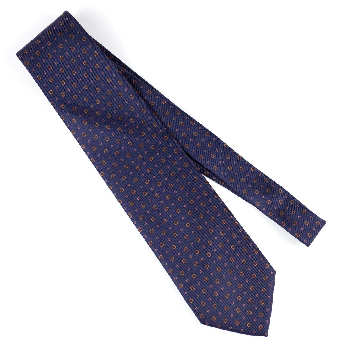 Self-tipped navy repp silk tie, copper neat prints
