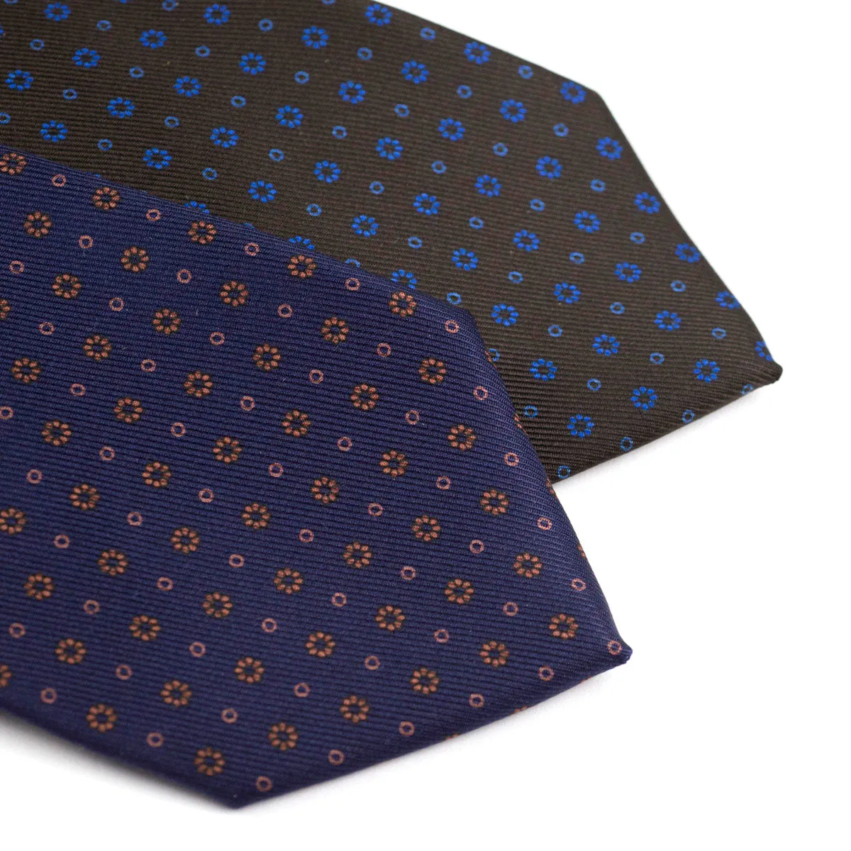 Self-tipped navy repp silk tie, copper neat prints