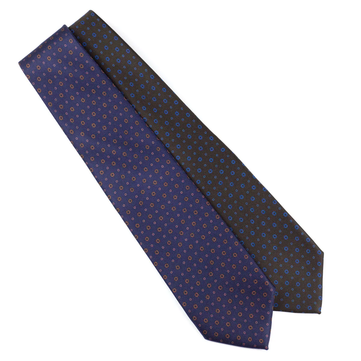 Self-tipped navy repp silk tie, copper neat prints