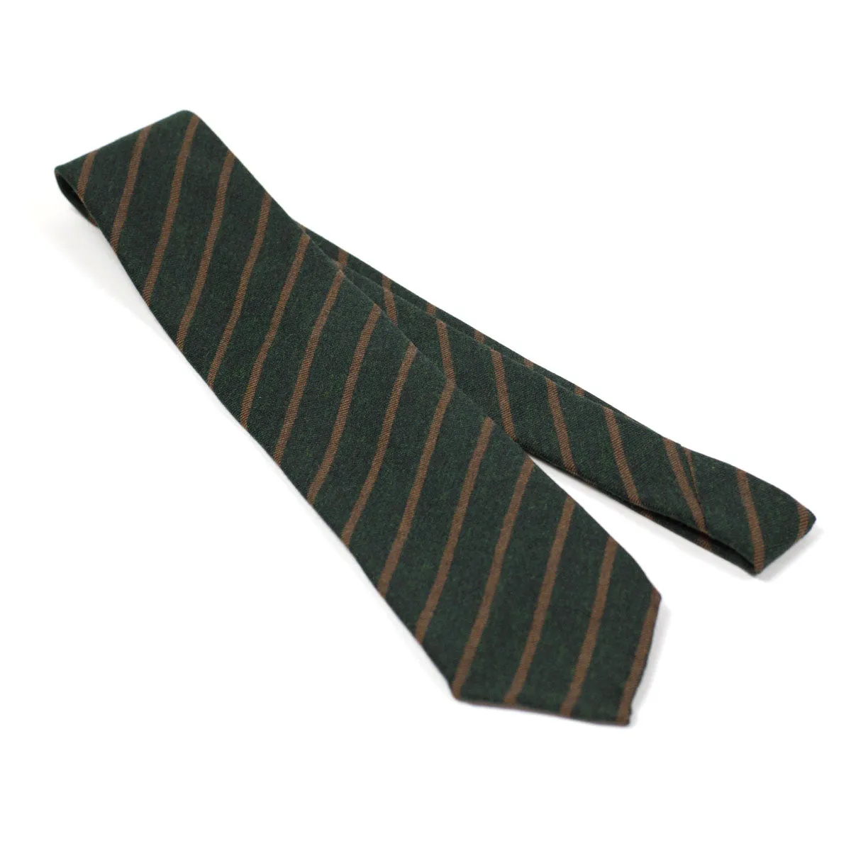 Untipped and handrolled dark green cashmere and silk tie, copper stripes