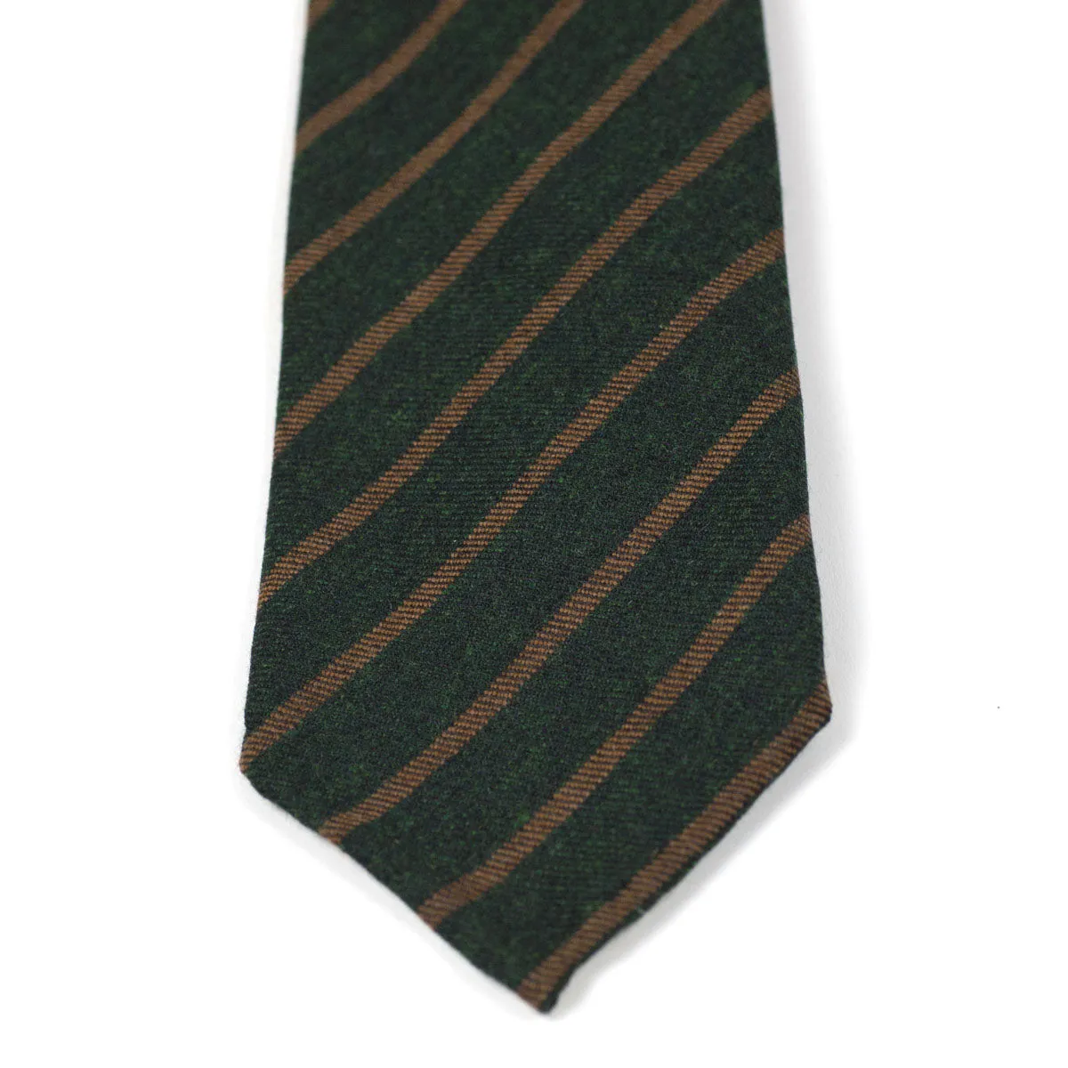 Untipped and handrolled dark green cashmere and silk tie, copper stripes