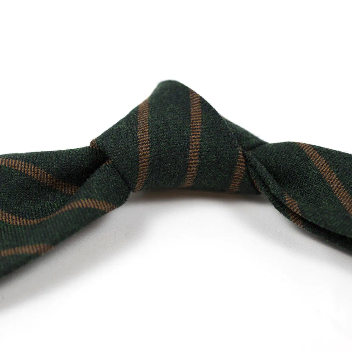 Untipped and handrolled dark green cashmere and silk tie, copper stripes