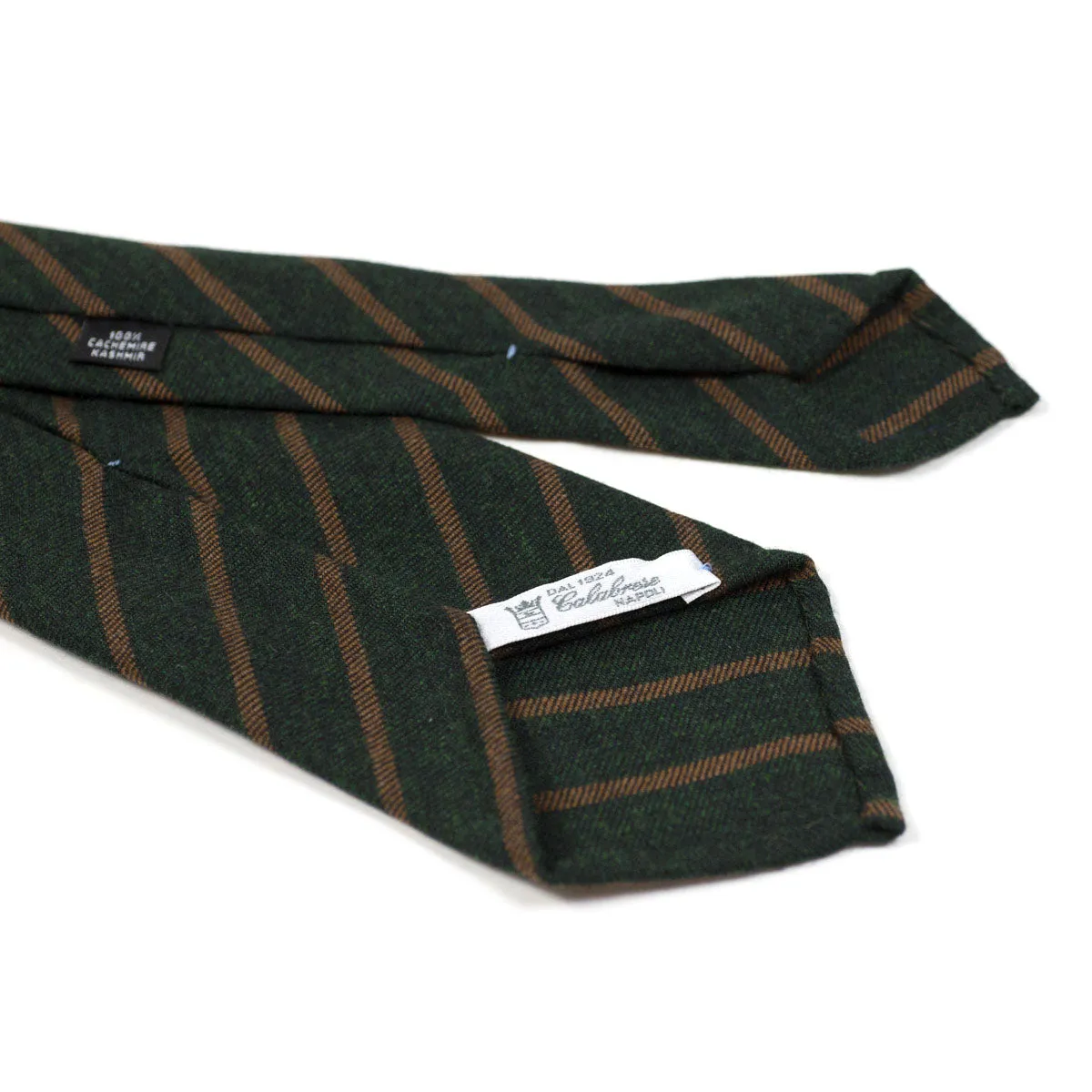 Untipped and handrolled dark green cashmere and silk tie, copper stripes