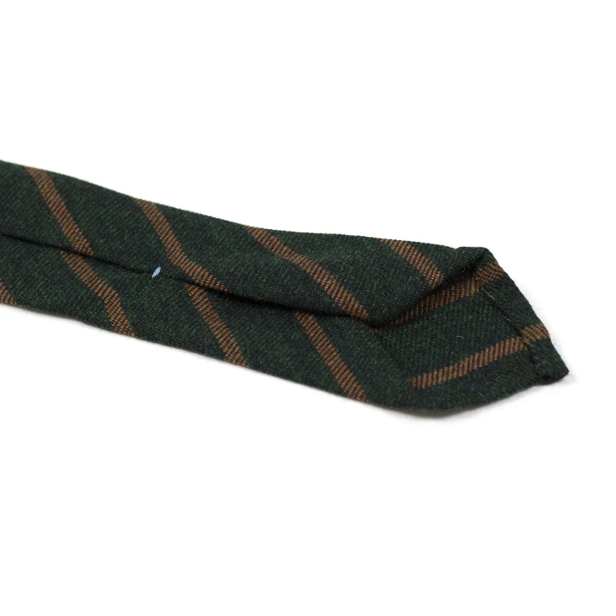 Untipped and handrolled dark green cashmere and silk tie, copper stripes