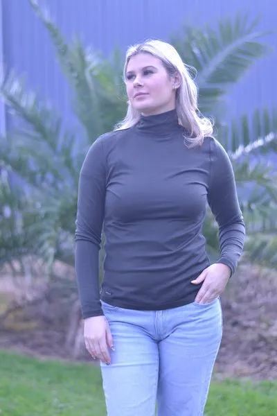 WOMENS 100% MERINO (210) LONG SLEEVE HIGH NECK TOP OLIVE